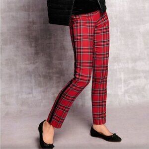 Talbots Slim Ankle Pant Red Plaid with Black Velvet Side Trim Wool Size 8 NEW